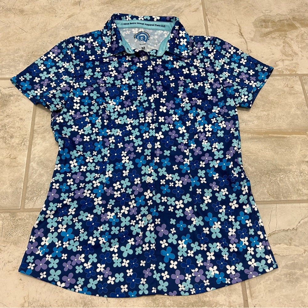 The Retro Image Apparel Co Women’s Cycling  Button Up Shirt 
Blue Floral 
Medium